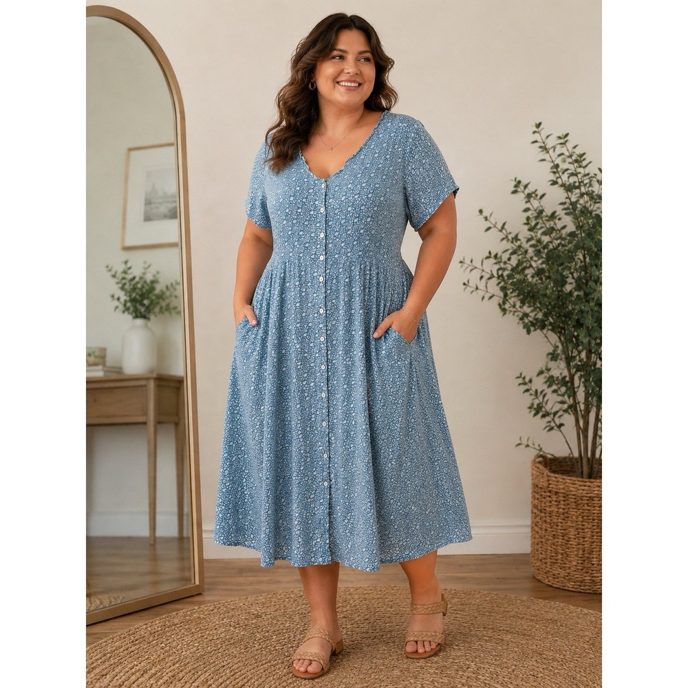 Vtg April Cornell Dress Rose Blue Floral Button A-line Midi Dress Cottagecore 2x